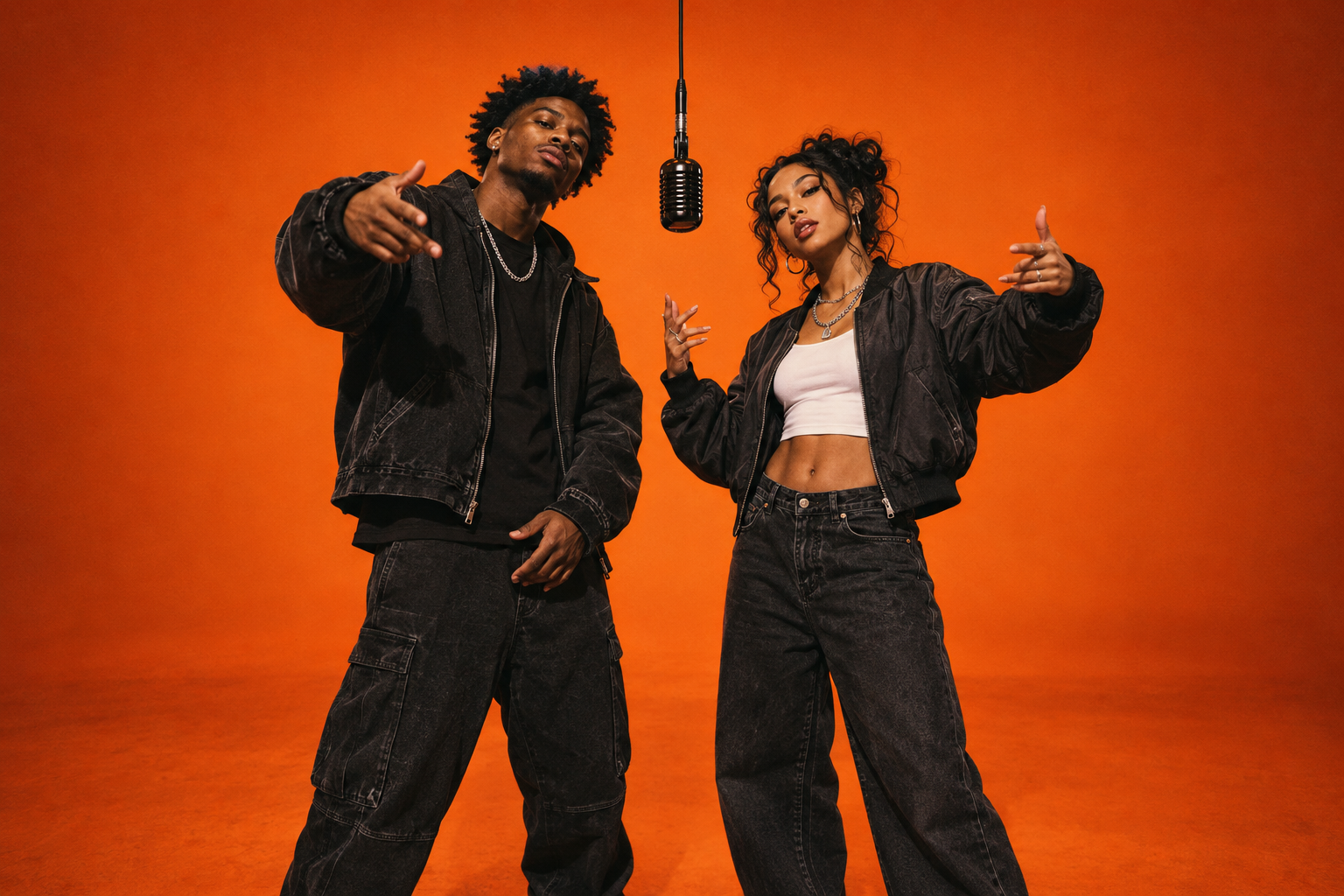 Hotel Lobby AI: a rap duo performing against an orange backdrop